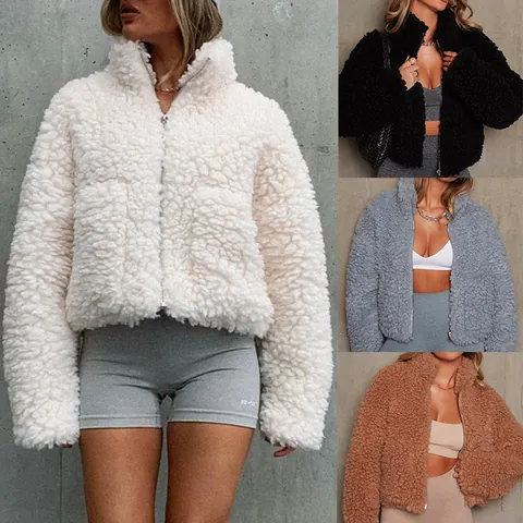 Women Casual Plush Stand Collar Zipper Jacket Short Lambswool Coat Solid Color Fuzzy Teddy Fleece Top For Autumn Winter