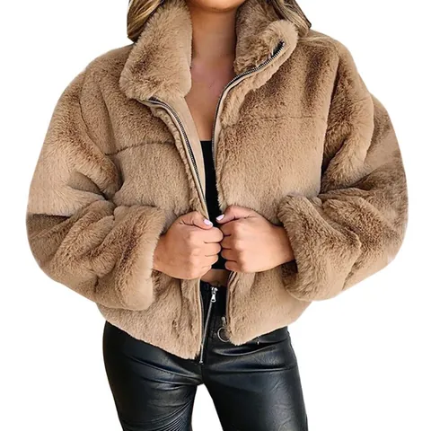 Women Winter Faux Rabbit Fur Jacket Warm Plush Zipper Cardigan Loose Stand Collar Solid Color Autumn Outerwear Top