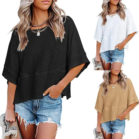 Women's Casual Cotton Blend T-Shirt Top Round Neck Spliced Three-Quarter Bell Sleeve Loose Summer Tee