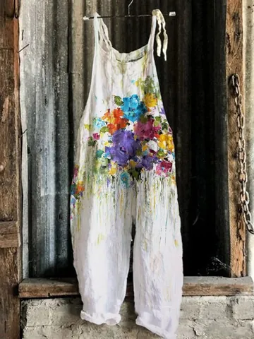 Women's Retro Polyester Floral Printed Wide Leg Jumpsuit Sleeveless Spaghetti Strap Loose Summer Top And Bottom Playsuit
