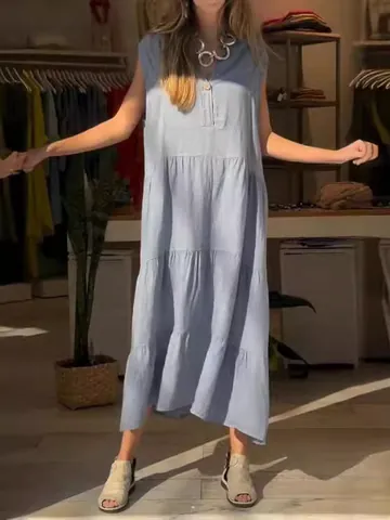 Vestido Maxi Escalonado sin Mangas con Cuello en V de Algodón y Lino para Mujer Color Sólido Ajuste Holgado Casual Verano Retro