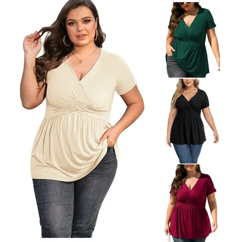 Women's Plus Size Polyester V Neck Ruched T-Shirt Casual Short Sleeve Peplum Top Solid Color Commuter Blouse For Summer