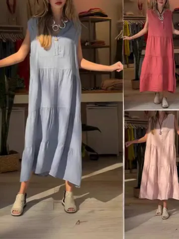 Vestido Maxi Escalonado sin Mangas con Cuello en V de Algodón y Lino para Mujer Color Sólido Ajuste Holgado Casual Verano Retro