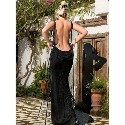 Women Sexy Halter Backless Maxi Dress Elegant Lace-up Bandeau Linen Long Dress For Summer Vacation Party Street Style