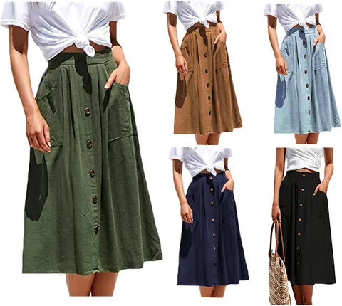 Women High Waist A-Line Midi Skirt With Button Front Pockets Casual Polyester Rayon Blend Retro Fashion Spring Skirt