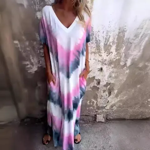 Vestito Maxi Estivo Casual da Donna Tie-Dye Sfumato Scollo a V Manica Corta Spacco Laterale Tasca Vestito Lungo Bohémien