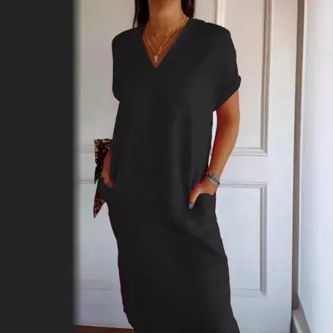Women's Retro Cotton Linen V-Neck Short Sleeve Dress Casual Loose Midi Dress With Side Slit And Pockets For Summer Vacation