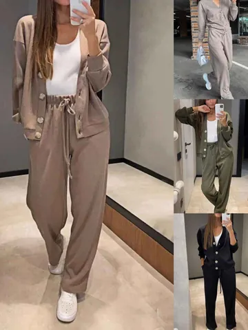 Women's Casual Polyester Patchwork Knit Top And Bottom Solid V-Neck Button Cardigan Wide Leg Pants Loungewear Sporty Set