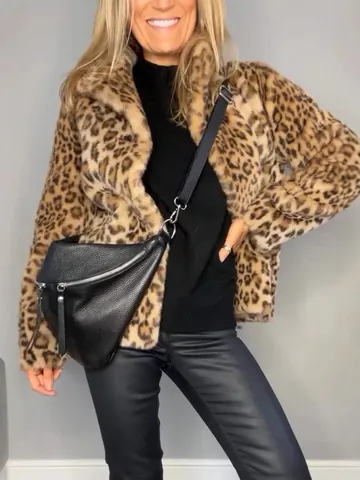 Abrigo de Piel Sintética con Estampado de Leopardo para Mujer Moda Solapa Manga Larga Chaqueta de Invierno Casual
