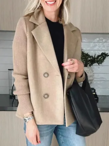 Abrigo de Lana para Mujer con Mangas de Punto Patchwork Solapa Doble Botonadura Chaqueta Casual Primavera Elegante Top