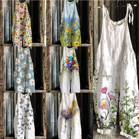 Women's Retro Polyester Floral Printed Wide Leg Jumpsuit Sleeveless Spaghetti Strap Loose Summer Top And Bottom Playsuit