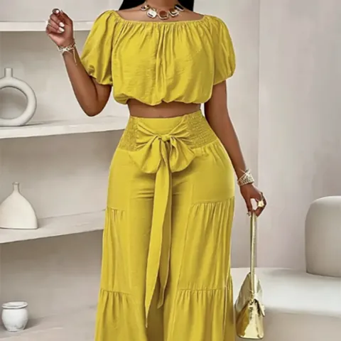Women Casual Top And Bottom Off Shoulder Puff Sleeve Crop Top High Waist Wide Leg Pants Bow Tie Belt Solid Color Outfit