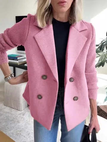 Abrigo de Lana para Mujer con Mangas de Punto Patchwork Solapa Doble Botonadura Chaqueta Casual Primavera Elegante Top