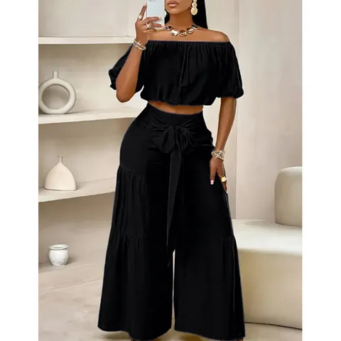 Women Casual Top And Bottom Off Shoulder Puff Sleeve Crop Top High Waist Wide Leg Pants Bow Tie Belt Solid Color Outfit
