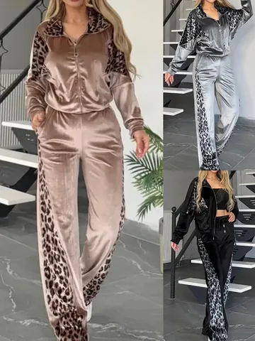 Women's Leopard Print Contrast Tracksuit Top And Bottom Long Sleeve Zipper Jacket And Long Pants Polyester Spandex Casual Outfit