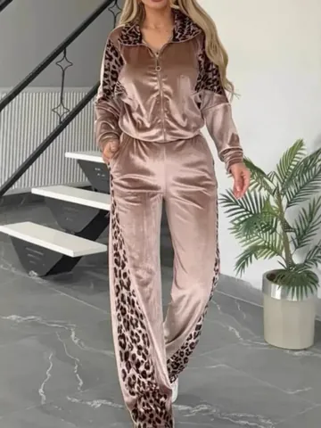 Women's Leopard Print Contrast Tracksuit Top And Bottom Long Sleeve Zipper Jacket And Long Pants Polyester Spandex Casual Outfit