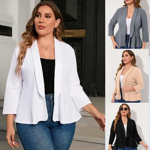 Women's Plus Size Casual Peplum Blazer Shawl Collar Three-Quarter Sleeve Light Comfortable Solid Color Open Front Suit Jacket