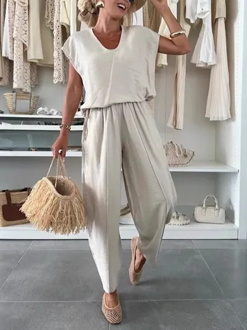 Women's Casual Fashion Two Piece Pants Set Loose V Neck Top And Wide Leg Bottom Solid Color Pleated Summer Outfit