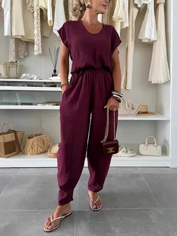 Women's Casual Fashion Two Piece Pants Set Loose V Neck Top And Wide Leg Bottom Solid Color Pleated Summer Outfit