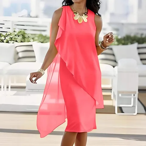 Dames Elegante Stedelijke Onregelmatige Chiffon Mouwloze Midi Jurk Effen Kleur Gelaagde Ruffle Zoom Ronde Hals Vakantie Party Jurk