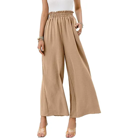 Women High Waist Wide Leg Pants Viscose Polyester Cotton Linen Look Crinkled Casual Loose Trousers With Paperbag Waist