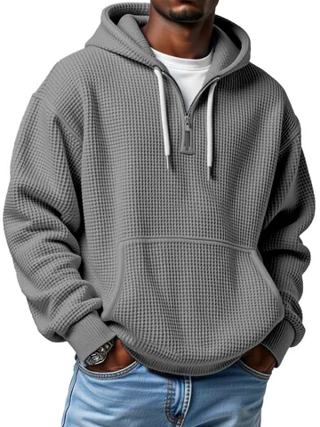 Men's Waffle Knit Hoodie Fashion Sporty Half Zip Pullover With Kangaroo Pocket Long Sleeve Loose Fit Casual Sweatshirt
