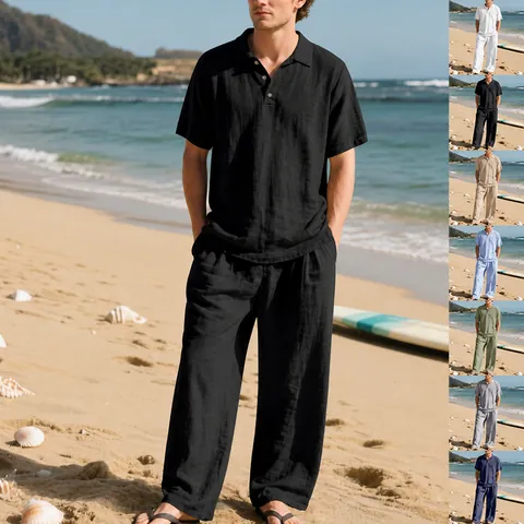 Ensemble Chemise et Pantalon en Mélange de Lin Casual pour Hommes Couleur Unie Revers Manches Courtes Top And Bottom Tenue de Plage