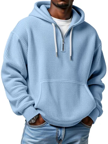 Men's Waffle Knit Hoodie Fashion Sporty Half Zip Pullover With Kangaroo Pocket Long Sleeve Loose Fit Casual Sweatshirt