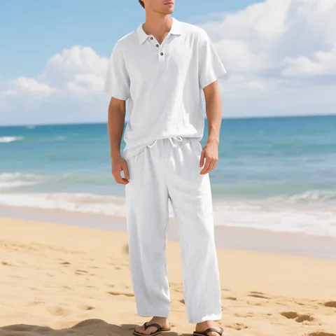 Ensemble Chemise et Pantalon en Mélange de Lin Casual pour Hommes Couleur Unie Revers Manches Courtes Top And Bottom Tenue de Plage