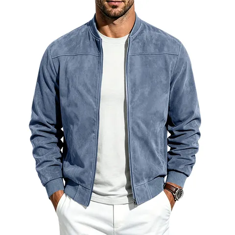 Men's Casual Suede Stand Collar Zipper Jacket Solid Color Patchwork Long Sleeve Bomber Outwear Spring Autumn Top