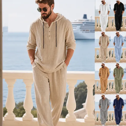 Completo da Uomo Casual in Misto Lino con Camicia Henley con Cappuccio e Pantaloni Lunghi Manica Lunga Top And Bottom Tuta da Mare