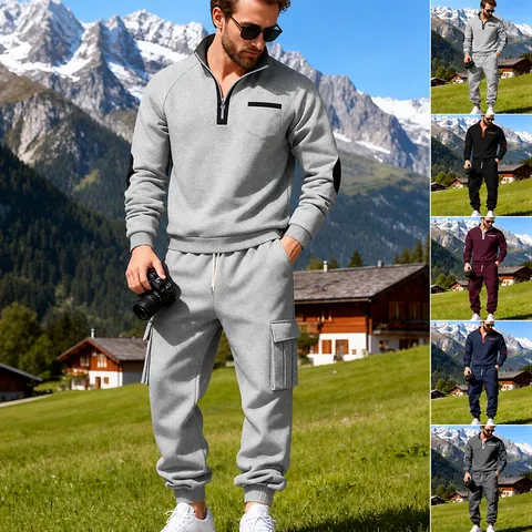 Herren Trainingsanzug Stehkragen Sweatshirt Und Cargo Jogginghose Zweiteiler Gestrickt Fleece Gefüttert Outdoor Sportbekleidung
