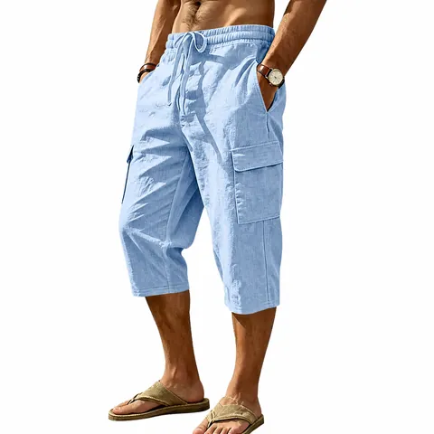 Men's Summer Linen Blend Cargo Capri Pants Loose Fit Casual Beach Trousers Multi Pocket Drawstring Waist Bottom