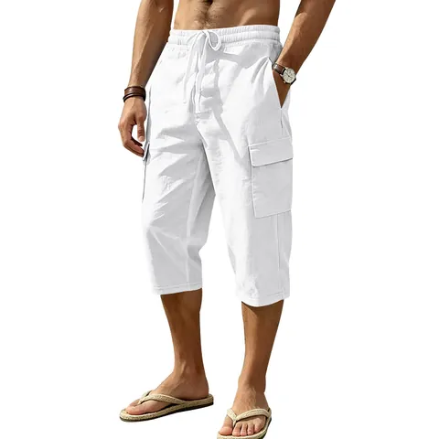 Men's Summer Linen Blend Cargo Capri Pants Loose Fit Casual Beach Trousers Multi Pocket Drawstring Waist Bottom