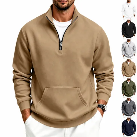 Men's Casual Half-Zip Stand Collar Fleece Sweatshirt Long Sleeve Solid Color Pullover Top With Kangaroo Pocket For Autumn Winter