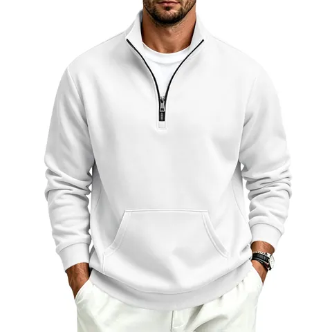 Men's Casual Half-Zip Stand Collar Fleece Sweatshirt Long Sleeve Solid Color Pullover Top With Kangaroo Pocket For Autumn Winter