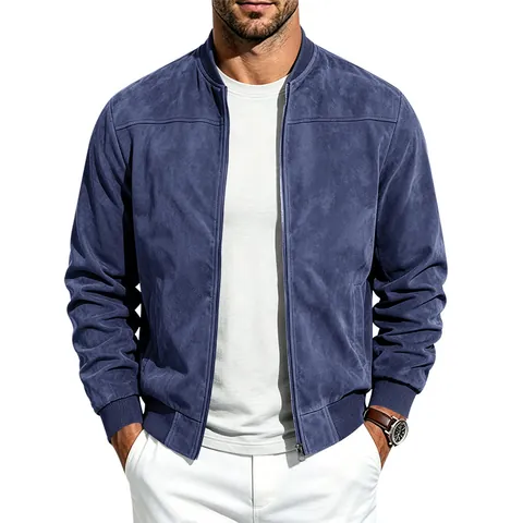 Men's American Style Suede Bomber Jacket Solid Color Baseball Collar Zip Up Casual Windproof Lightweight Jacket Outwear