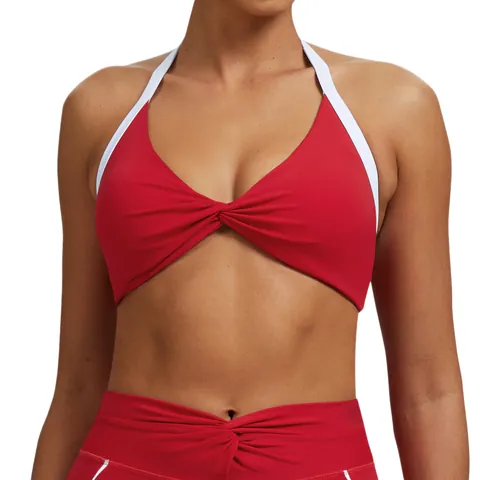 Damen Halter Neck Twist Front Sport BH Ausschnitt Hinten Kontrastfarbe Naked Feeling Yoga Top Unterstützendes Fitness Lauf BH
