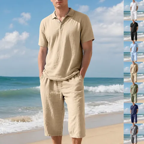 Conjunto Casual de Lino para Hombre Polo y Pantalones Piratas Top And Bottom Verano Playa Transpirable Color Sólido Vacaciones Ropa