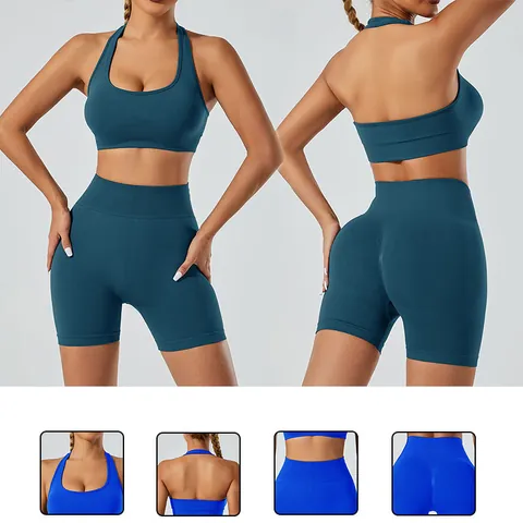 Haut et Bas de Yoga Sans Couture à Dos Nu pour Femmes Soutien-Gorge de Sport Élastique Short Taille Haute Tenue de Fitness