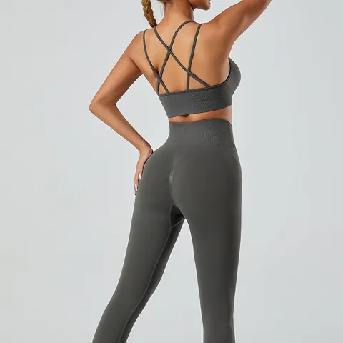 Seamless Yoga Set For Women Sexy Crisscross Back Sports Bra High Waist Gym Leggings Workout Outfit Activewear Set Top And Bottom