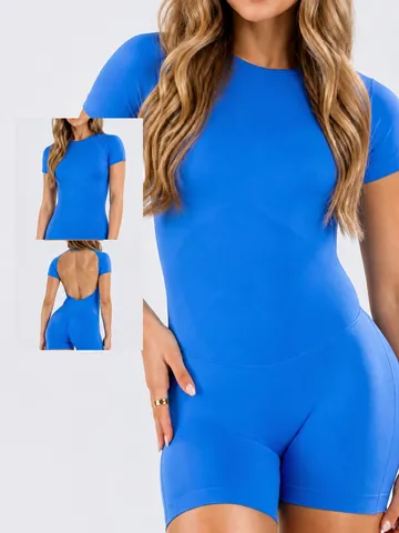 Women Short Sleeve Yoga Jumpsuit High Elastic Quick Dry Fitness Bodysuit Backless Gym Jumpsuit One-Piece Top And Bottom Clothing