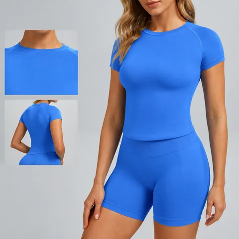 Seamless Yoga Set For Women Short Sleeve Top And High Waist Shorts Trousers Ribbed Slim Fit Sports Gym Suit Quick Dry Activewear