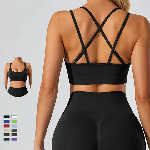 Women Seamless Sports Bra Shockproof Running Yoga Top Cross Back Multi Strap Workout Gym Fitness Vest Nylon Spandex