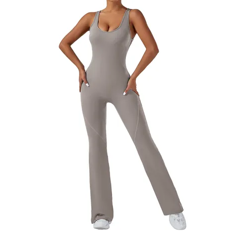 Women Slim Fit Backless Yoga Jumpsuit Butt Lifting Flare Pants Nylon Spandex Activewear Top And Bottom Romper