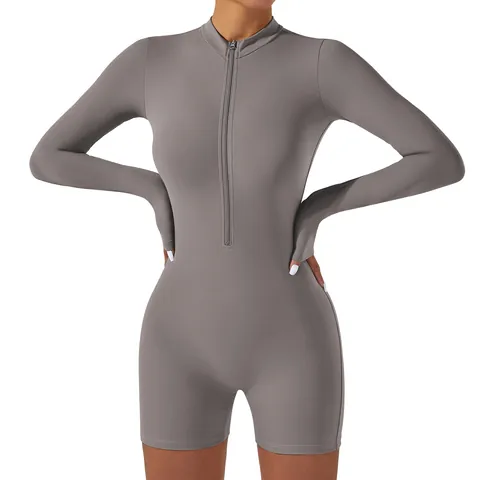Body da Yoga a Maniche Lunghe con Cerniera Frontale da Donna Vestibilità Slim Tuta Sportiva Elastica per Fitness Danza Allenamento