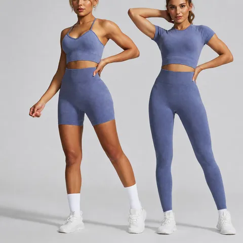 Women Seamless Acid Wash Yoga Set High Waist Fitness Gym Workout Clothing Ribbed Sports Bra Leggings Shorts Activewear Set