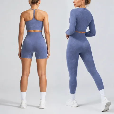 Women Seamless Acid Wash Yoga Set High Waist Fitness Gym Workout Clothing Ribbed Sports Bra Leggings Shorts Activewear Set