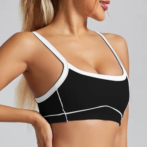 Women High Impact Shockproof Sports Bra Nylon Spandex Spliced Yoga Vest With Contrast Stitching White Trim Fitness Top