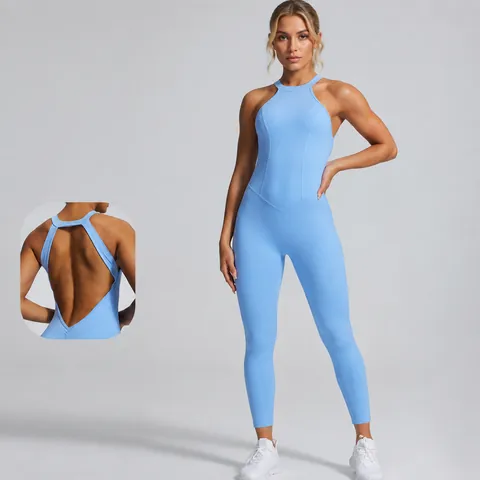 Premium Nylon Spandex Halter Neck Backless Yoga Bodysuit Women Top And Bottom Quick Dry Athletic Jumpsuit Scrunch Butt Fitness Romper
